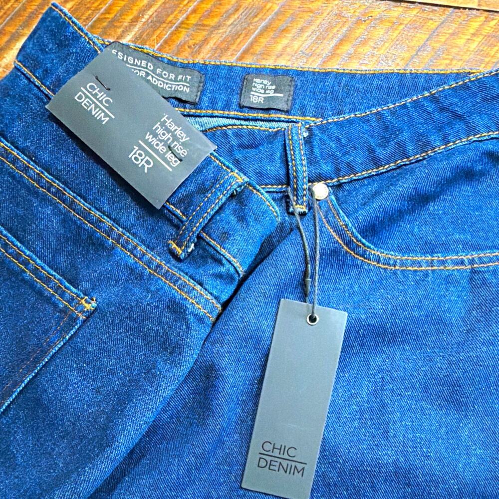 Chic Denim Wide-Leg High Rise Jeans Dark Wash Blue 5-Pocket Button Zip